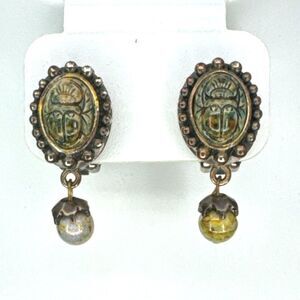 Vintage Scarab Clip-On Dangle Bead Earrings Over Silver Plated Signed